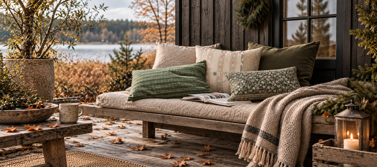Cushions and a throw on a wooden bench by a dark cabin overlooking a lake in autumn colours.