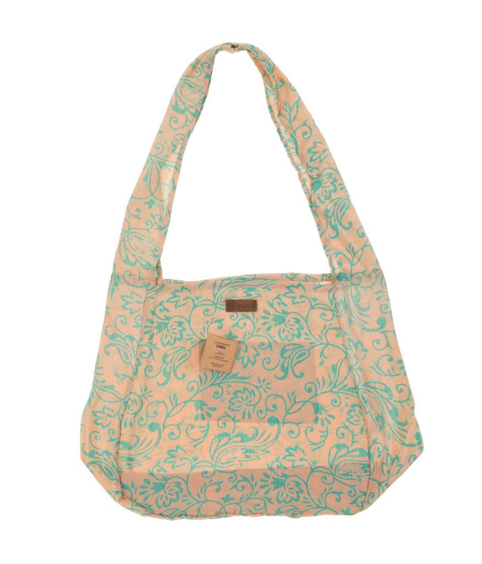 Ferskenfarvet skuldertaske med turkis blomsterprint i paisley-print og bred rem