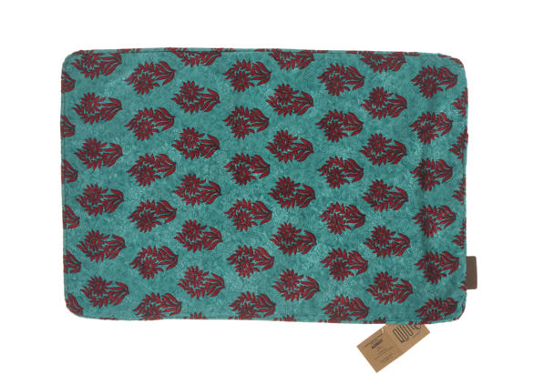 Unique Silk pillowcase 60x40 cm in turquoise with colorful repeated red leaf pattern in boho ethnic oriental vintage style for sari pillow