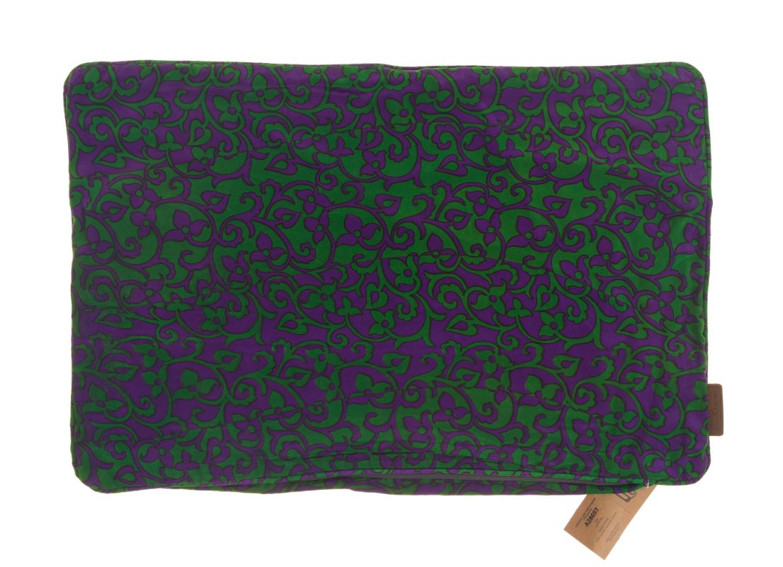 Silk pillowcase 60x40 cm as a sari pillow in purple and green with dense oriental suzani-inspired ornament pattern for boho vintage ethnic