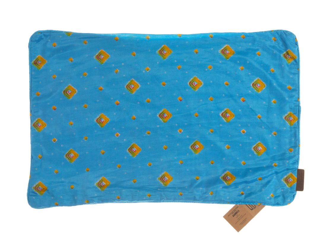 Silk pillowcase 60x40 cm in turquoise blue with small colorful diamond patterns in gold yellow pink and yellow green boho oriental suzani sari style