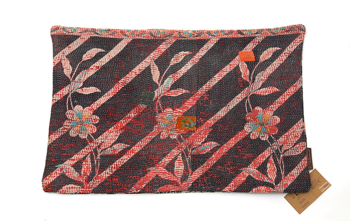Colorful Sari Kantha cushion cover with red and black striped patterns and floral details. Perfect addition to bring a unique touch to your home decor. Size: 60 x 40 cm.