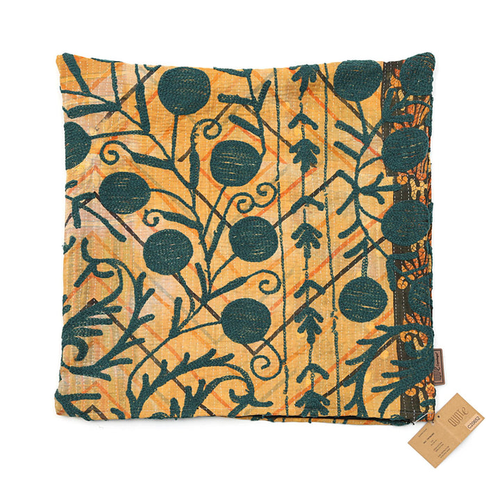 Suzani pillowcase 50x50 cm in Indian boho style with colorful orange and sand base and dense green ornaments and floral lines