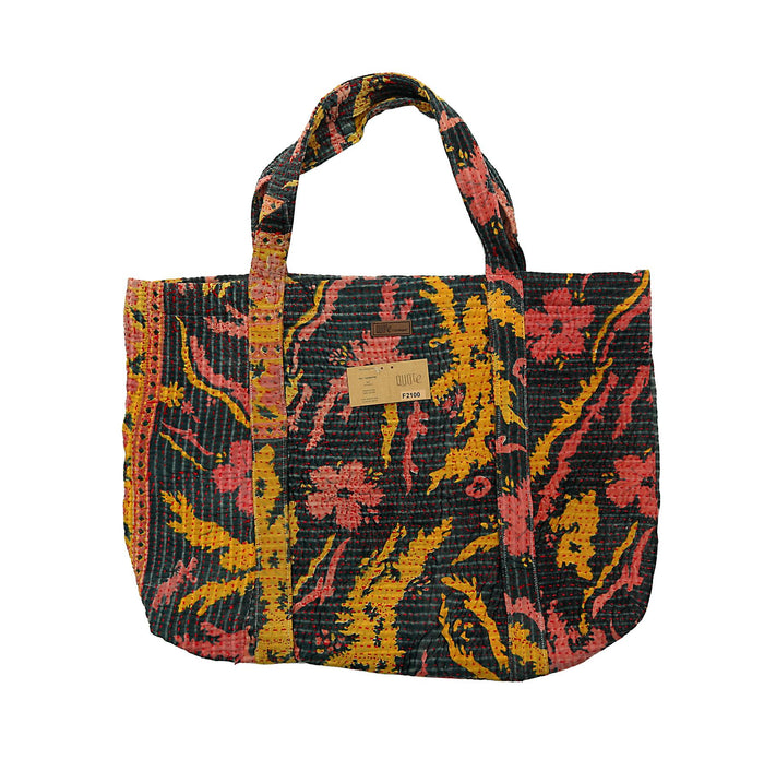 Quiltet blomsterprintet tote-taske i sort med pink og sennepsgult botanisk print og skulderstropper