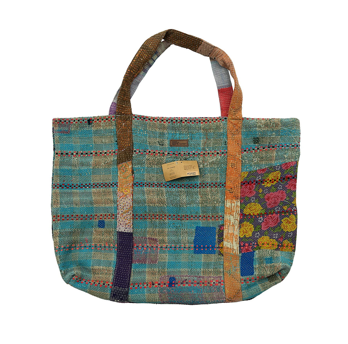 Håndlavet patchwork kantha-totetaske i blå med flerfarvede syede stropper og blomstret sidepanel i shopper-stil