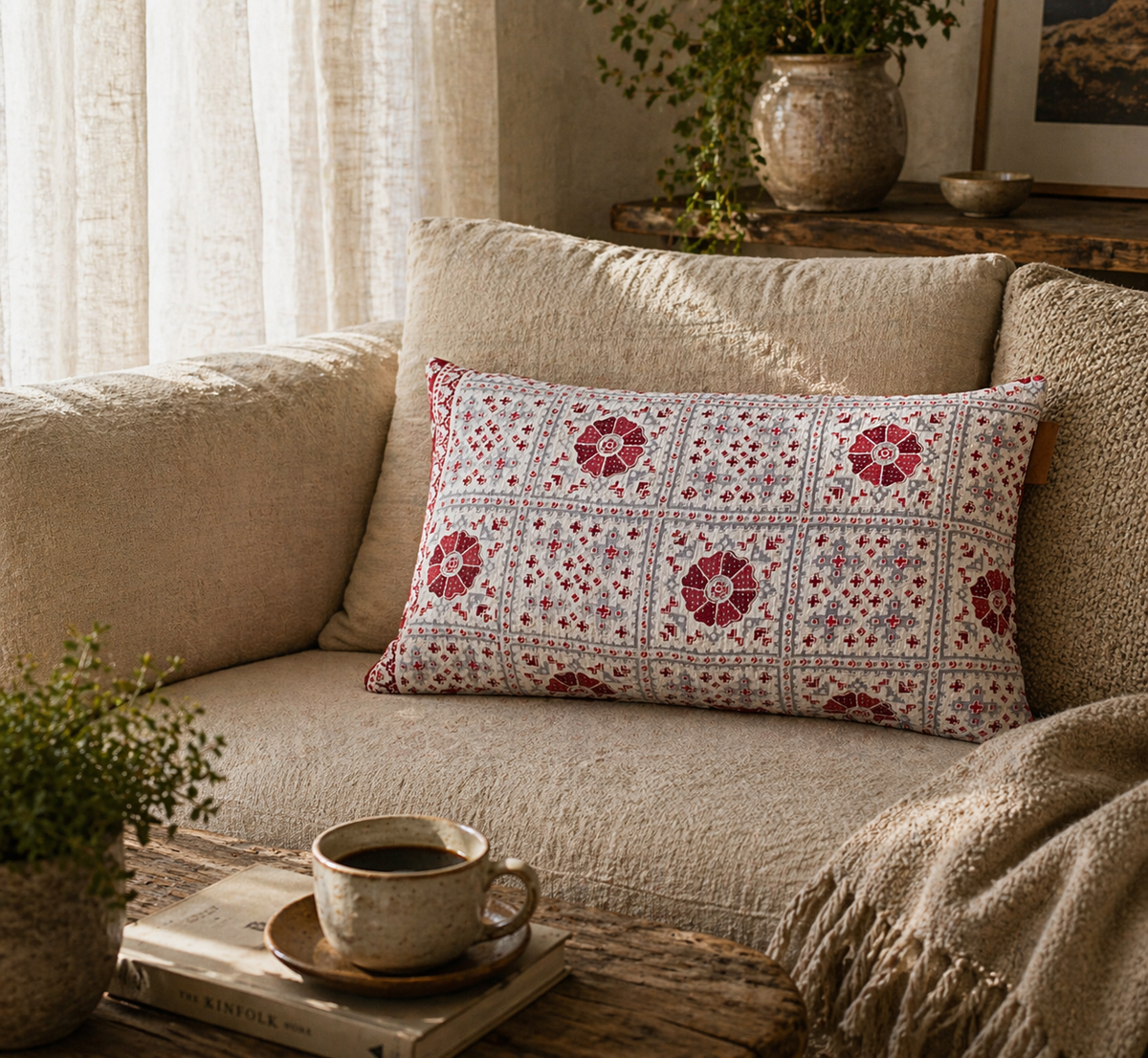 Unique sari pillowcase 30x50 in vintage boho style with colorful red floral/medallion patterns on white and gray background, ethnic oriental sari pillows/upcycled pillow design