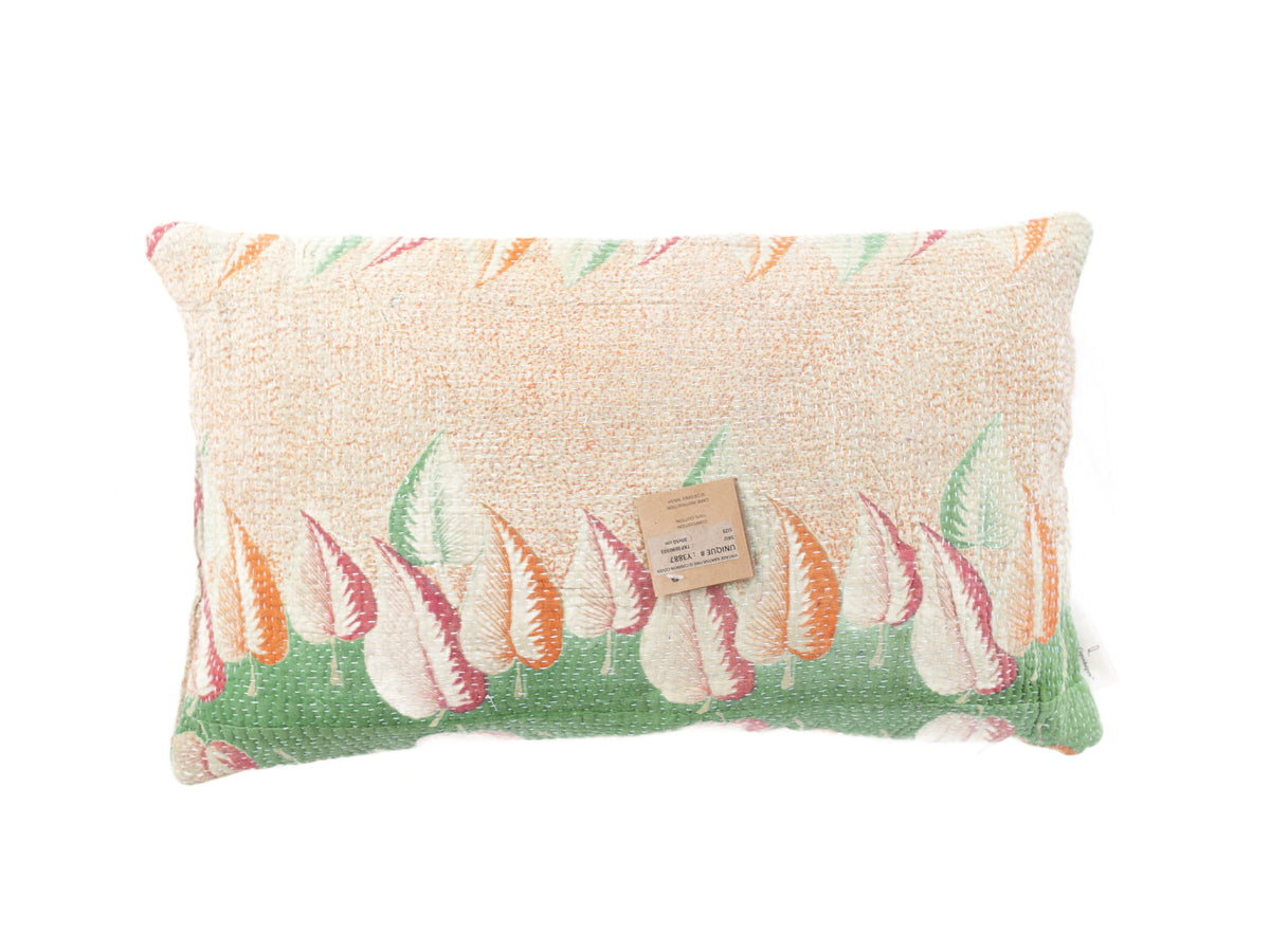 Sari pillowcase 30x50 in upcycled vintage Indian textile with colorful patterns in green, orange and pink on a light beige base - unique sari pillow/bohemian pillow for sofa and bed