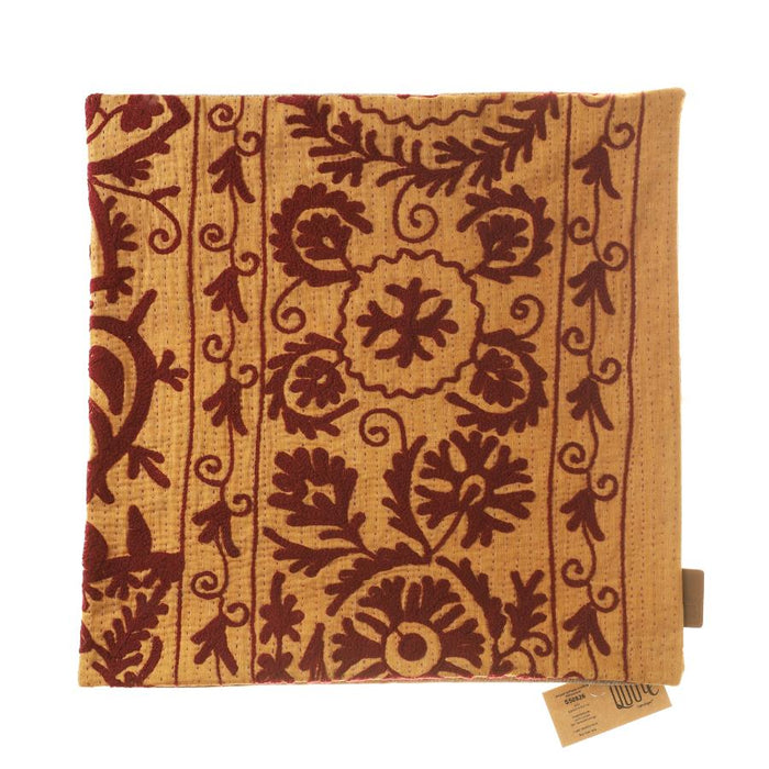 Unique suzani pillowcase 50x50 cm in mustard yellow with dark maroon oriental floral patterns and loop ornaments for boho vintage sari pillow