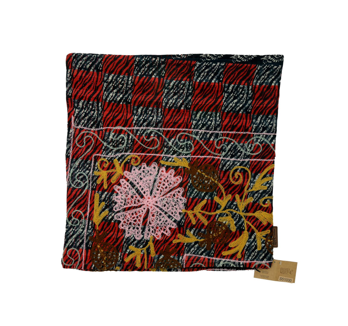 Colorful sari pillowcase with red and black stripe pattern, blue-gray base and white chain stitching, embroidered flowers in yellow and pink for boho pillow