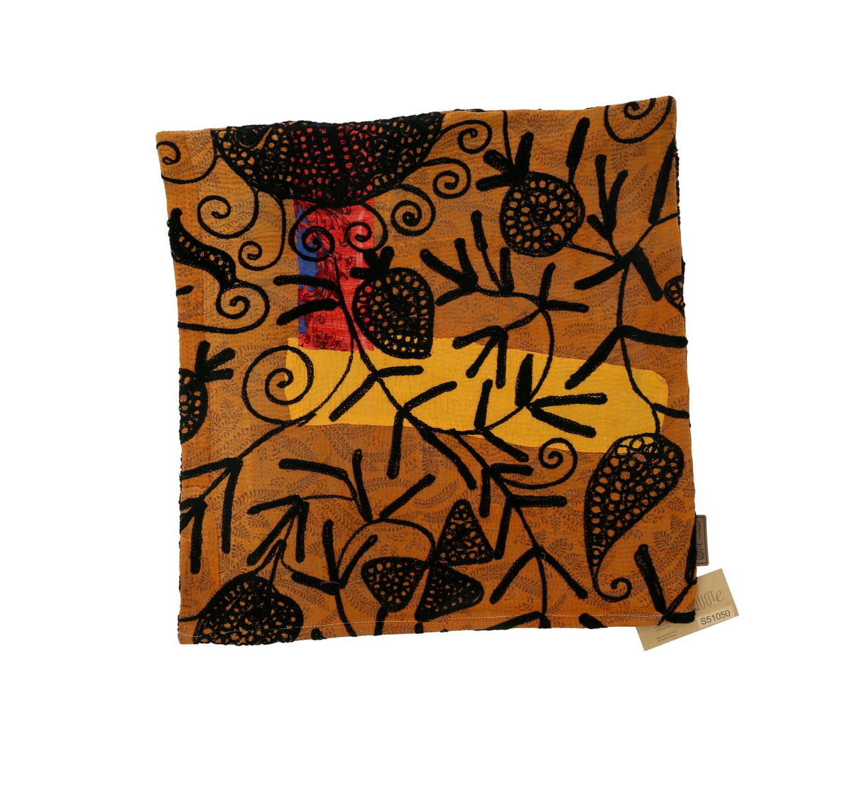 Ethnic boho pillowcase in mustard yellow with black ornament slings and large round floral motifs in red and blue, vintage unique pillow.