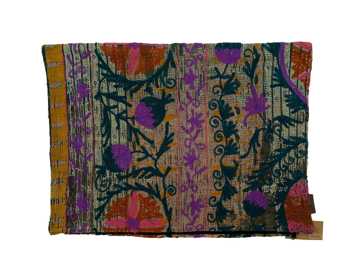 Sari pillowcase in Indian vintage boho ethnic style with dark blue background, orange and mustard fields and purple flowers and winding patterns.