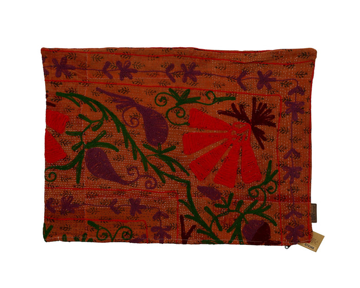 Colorful suzani pillowcase in orange with purple flowers green vines and red details ethnic boho vintage pillow