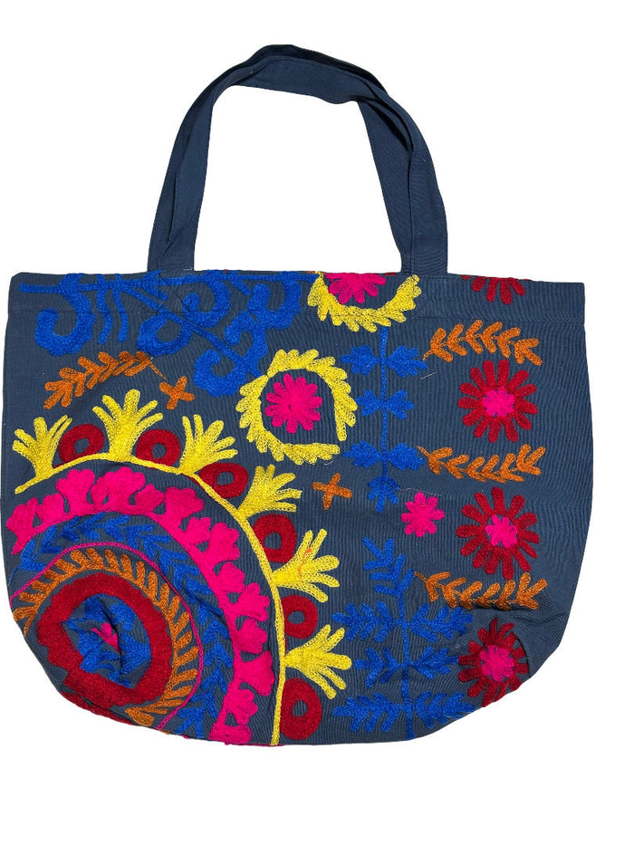 Marineblå broderet tote-taske med farverigt blomstermandala-mønster, boho skuldertaske til hverdagsbrug