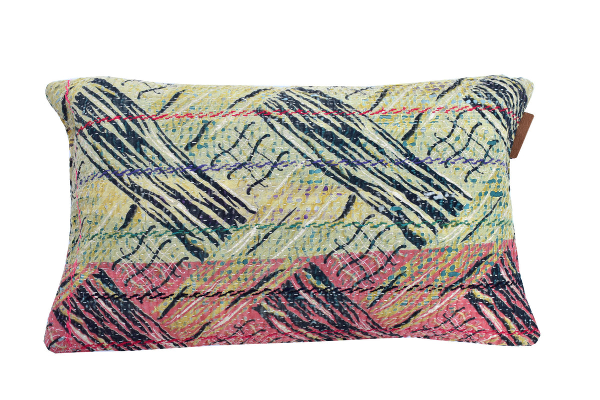 Sari pillowcase 30x50 in Indian boho vintage style with colorful patterns in white, pastel pink, yellow and purple as well as oriental embroidery lines (unique sari pillow/upcycled).