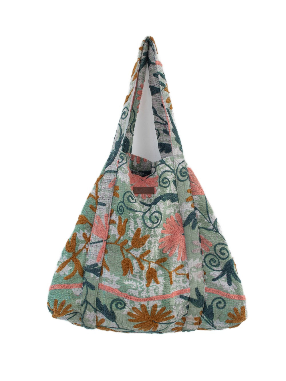 Vintage Suzani beach bag with embroidery in light green, dark green, pink and ochre, side view