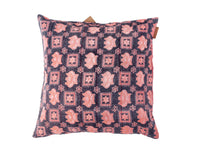 Sari pillowcase 50x50 in dark blue and coral pink with patterns of flowers and geometric squares - unique Indian pillowcase in boho/vintage style (sari pillow)