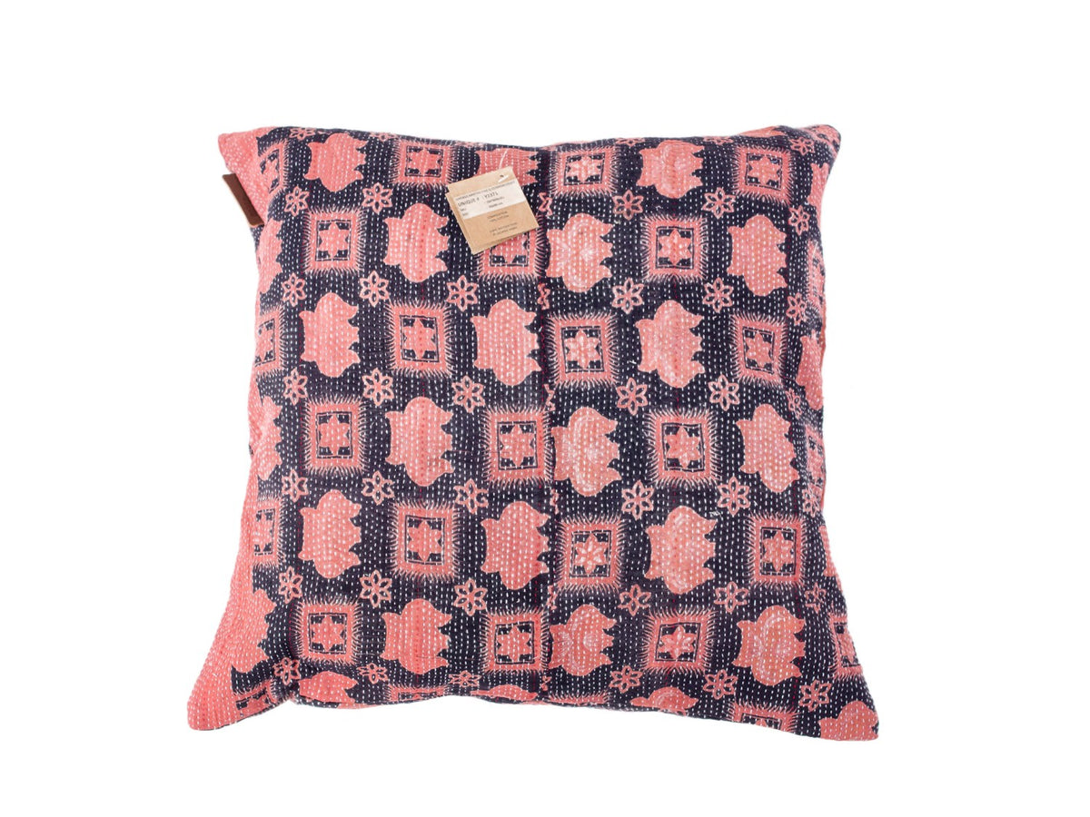 Sari pillowcase 50x50 with colorful pattern in dark blue and pink, coral shades and geometric/ornamental patterns, unique Indian boho pillow in vintage style