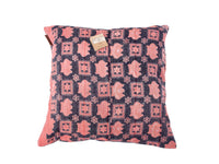 Sari pillowcase 50x50 with colorful pattern in dark blue and pink, coral shades and geometric/ornamental patterns, unique Indian boho pillow in vintage style