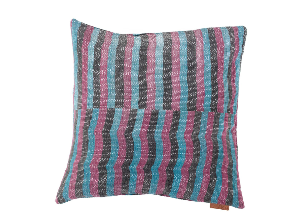 50x50 sari pillowcase in bohemian/boho style with colorful stripes in blue, pink and dark gray, vintage Indian textile for sari pillows and unique pillows.