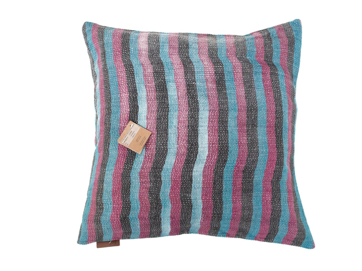 Sari pillowcase 50x50 with stripe pattern in blue, pink and brown, unique vintage boho Indian decor with colorful ethnic details
