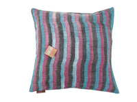 Sari pillowcase 50x50 with stripe pattern in blue, pink and brown, unique vintage boho Indian decor with colorful ethnic details