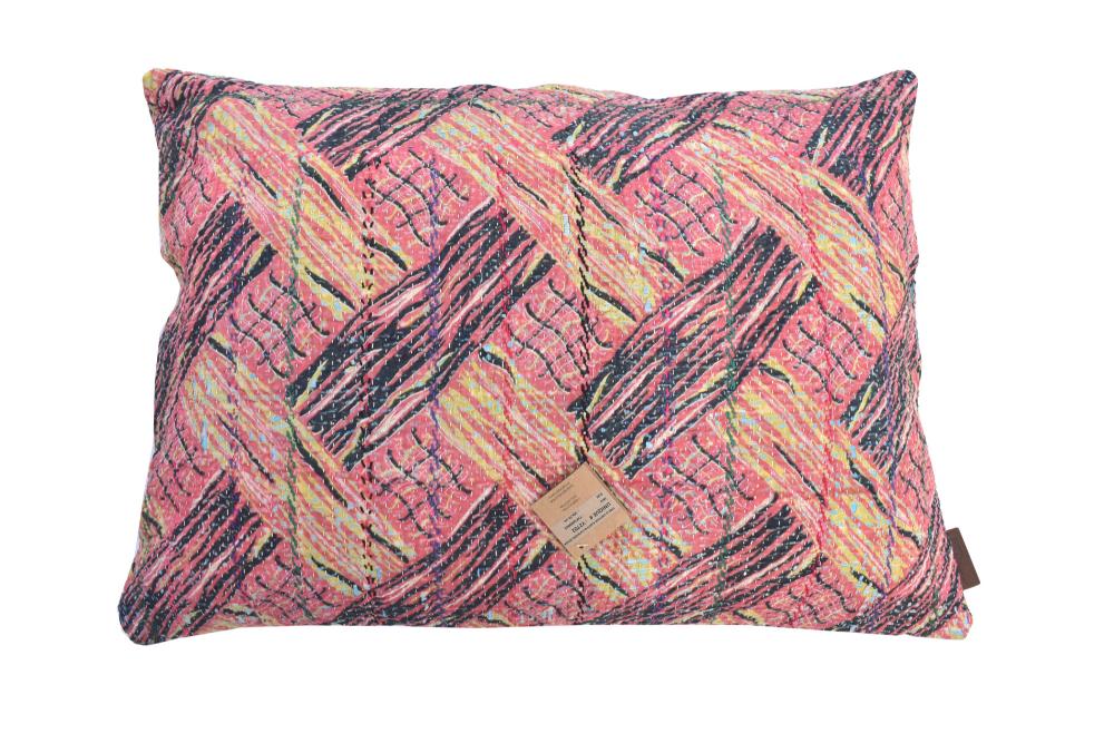 Unique Indian sari pillowcase 50x70 with vintage boho/bohemian pattern in light gray, dusty purple and pastel light with colorful stripes and red accent lines - sari pillow with oriental vibe