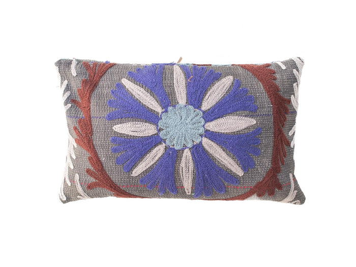 Unique suzani pillowcase 30x50 cm in gray with blue and purple floral rosette, cream stripes and rust fringe for oriental boho pillow.