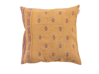 Sari pillowcase 50x50 in mustard yellow with purple and blue boho patterns, ethnic Indian oriental sari pillows/unique pillow cover