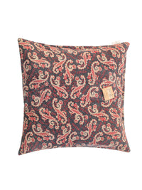 Unique sari pillowcase 50x50 with bohemian paisley in dark blue/black, red and beige-gold pattern (Indian vintage sari pillow)
