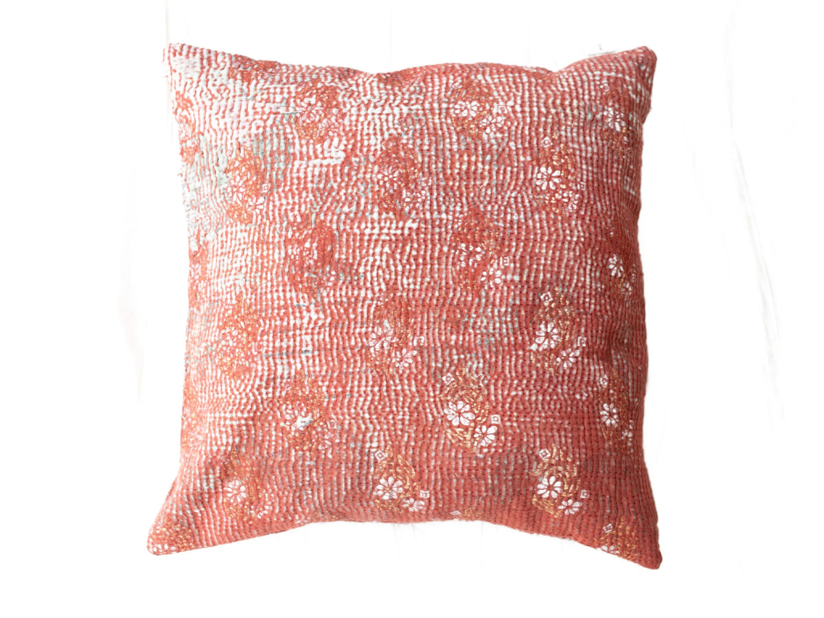 Sari pillowcase 50x50 in rust orange with white pattern and embroidered details - unique Indian boho/bohemian sari pillow in vintage style