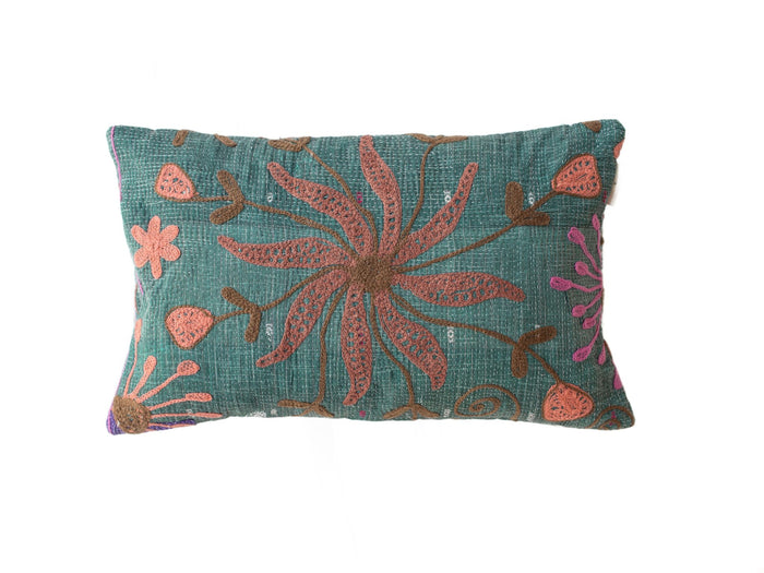 Unique suzani pillowcase 30x50 cm in petrol green woven fabric with embroidered oriental floral ornament in coral brown and purple shades
