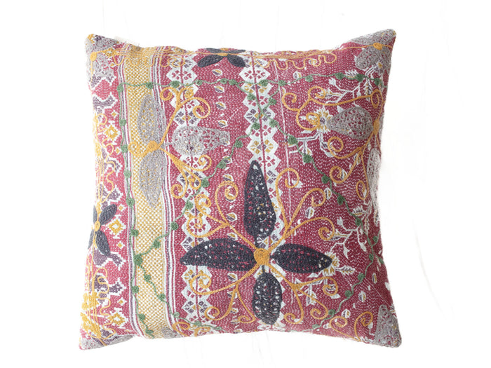 Unique suzani pillowcase 50x50 in burgundy and cream with colorful oriental embroidery, yellow swirls and black/green figures.