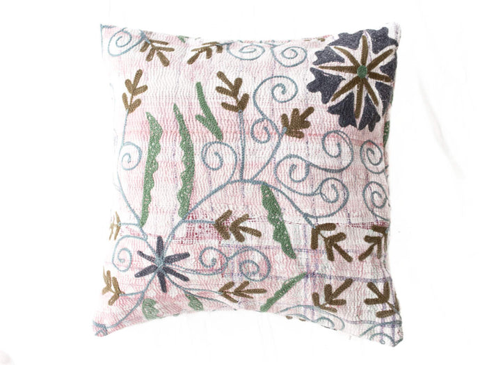 Suzani pillowcase 50x50 cm in delicate pink and off-white with blue winding patterns green stems and dark brown floral ornaments boho vintage